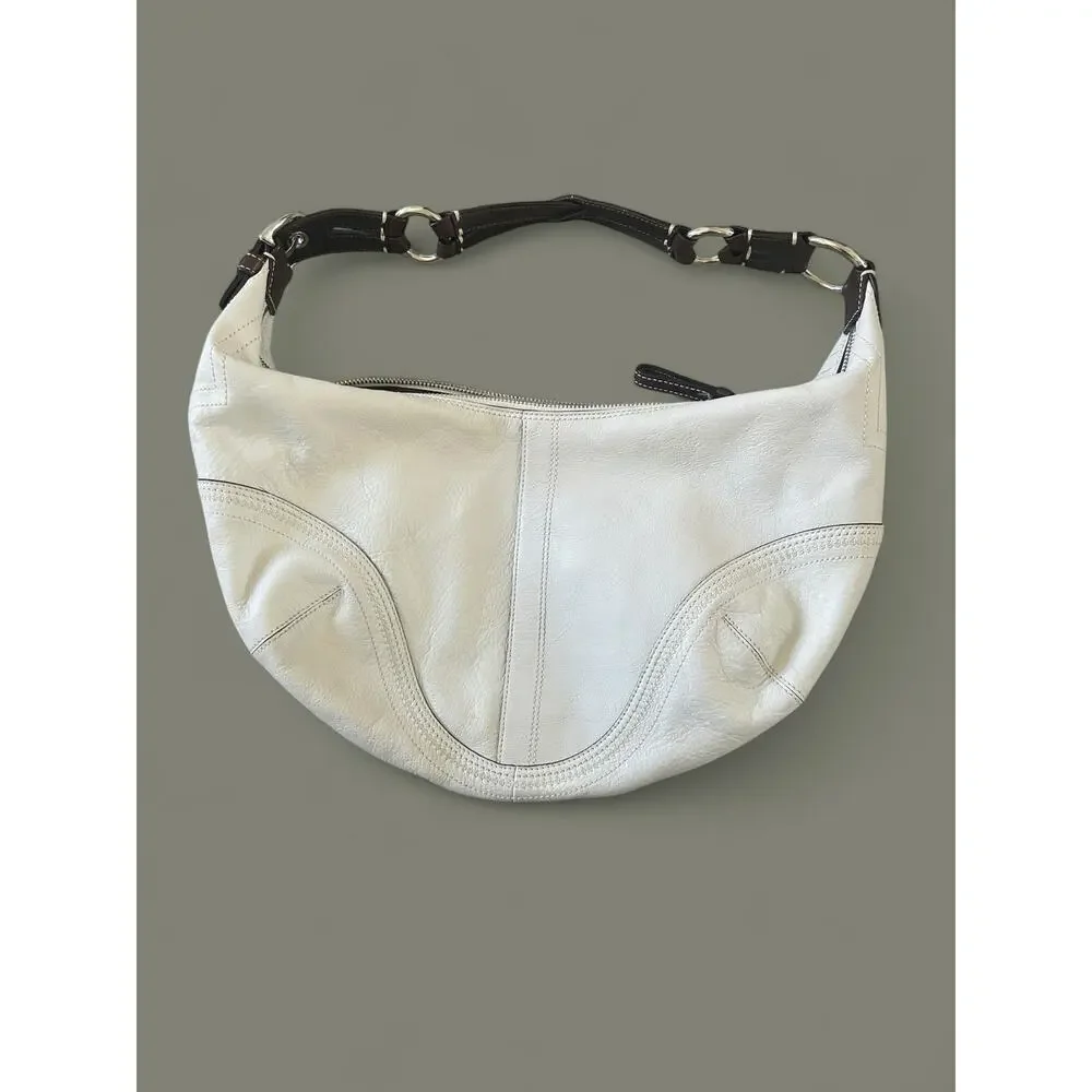 Coach White Leather Hobo Shoulder Bag with Dark Brown Strap